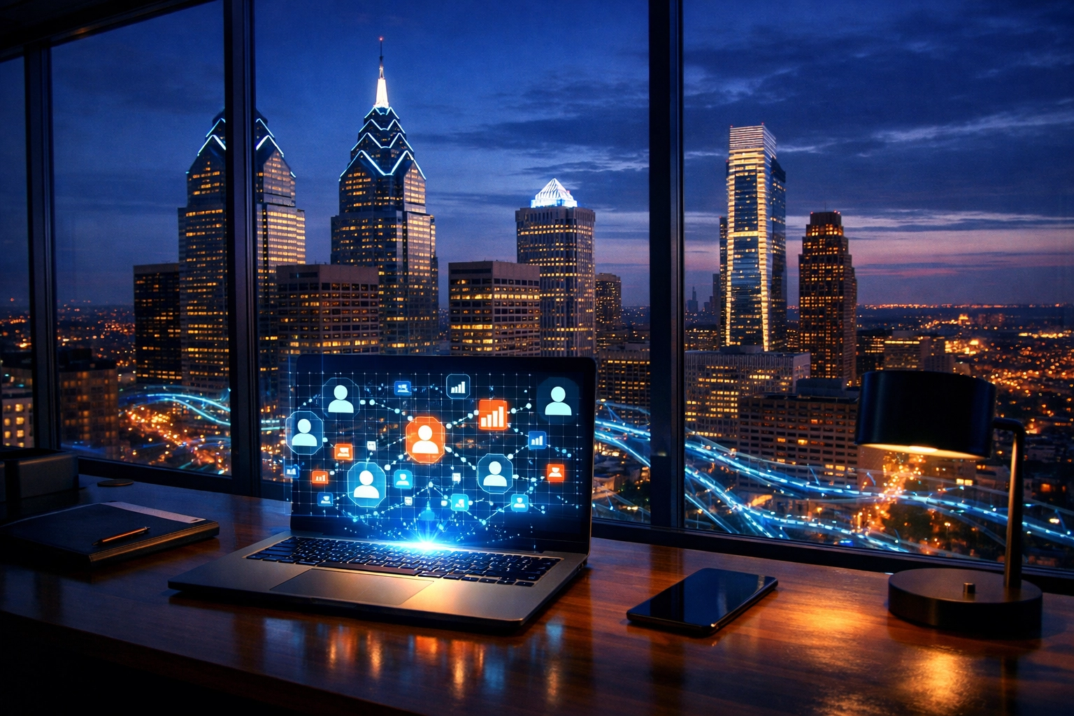 Laptop displaying customer data nodes in a Center City Philadelphia office overlooking Liberty Place.