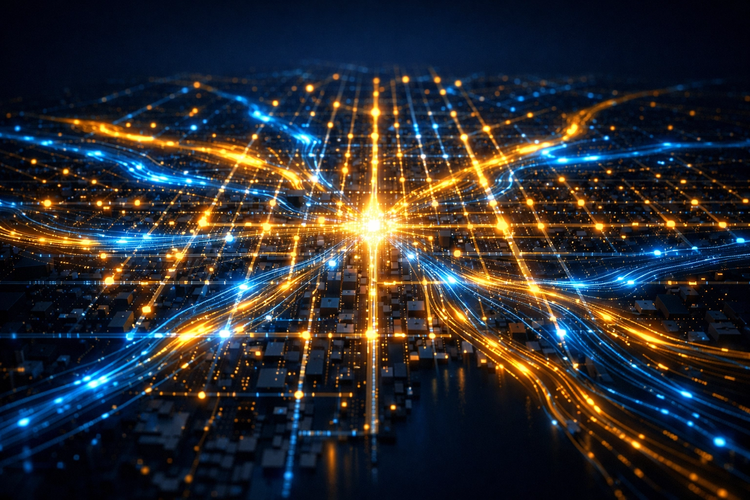 AI automation and data integration network mapped over the Philadelphia city grid.