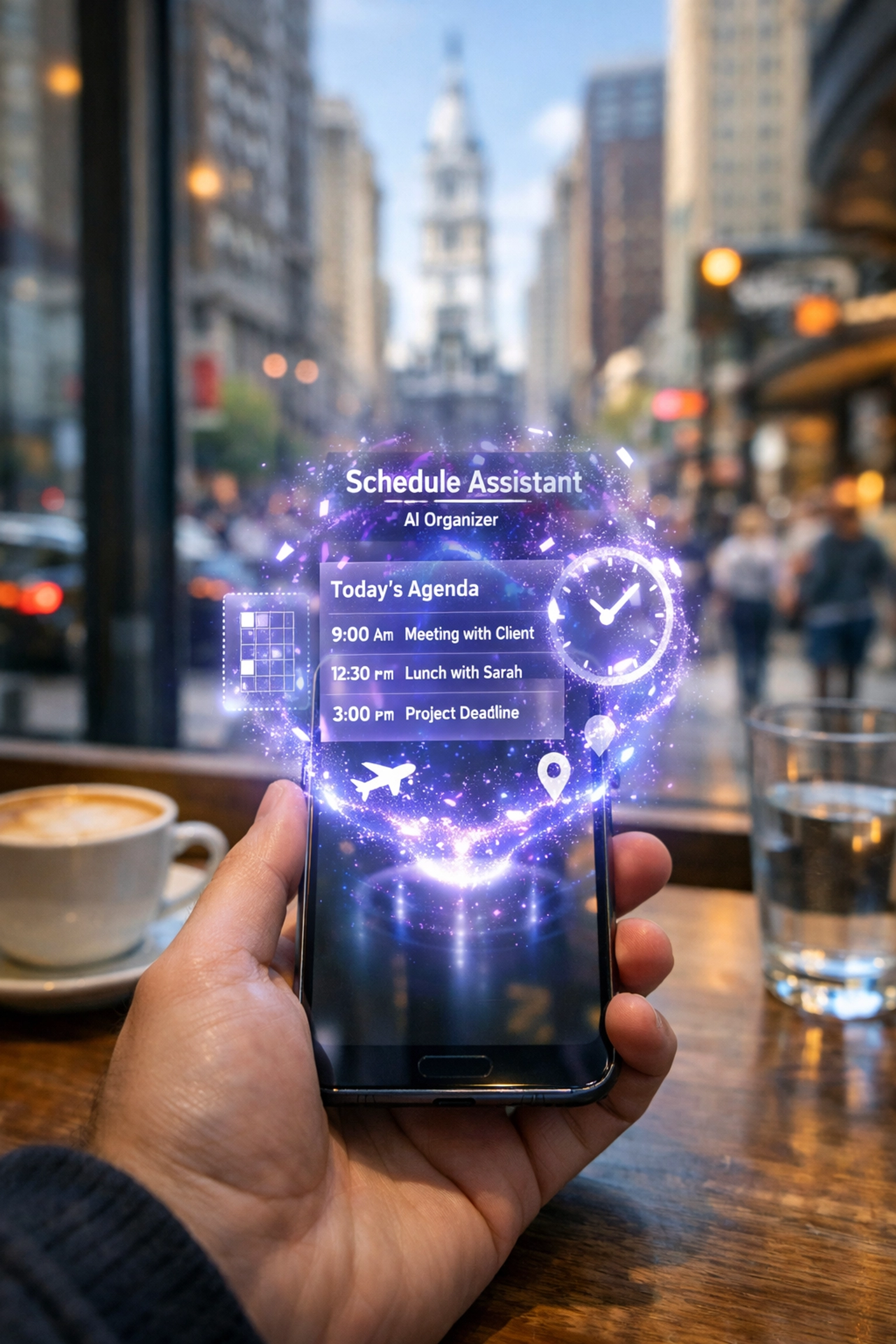 User in a Philadelphia cafe interacting with a holographic AI scheduling assistant on a smartphone.