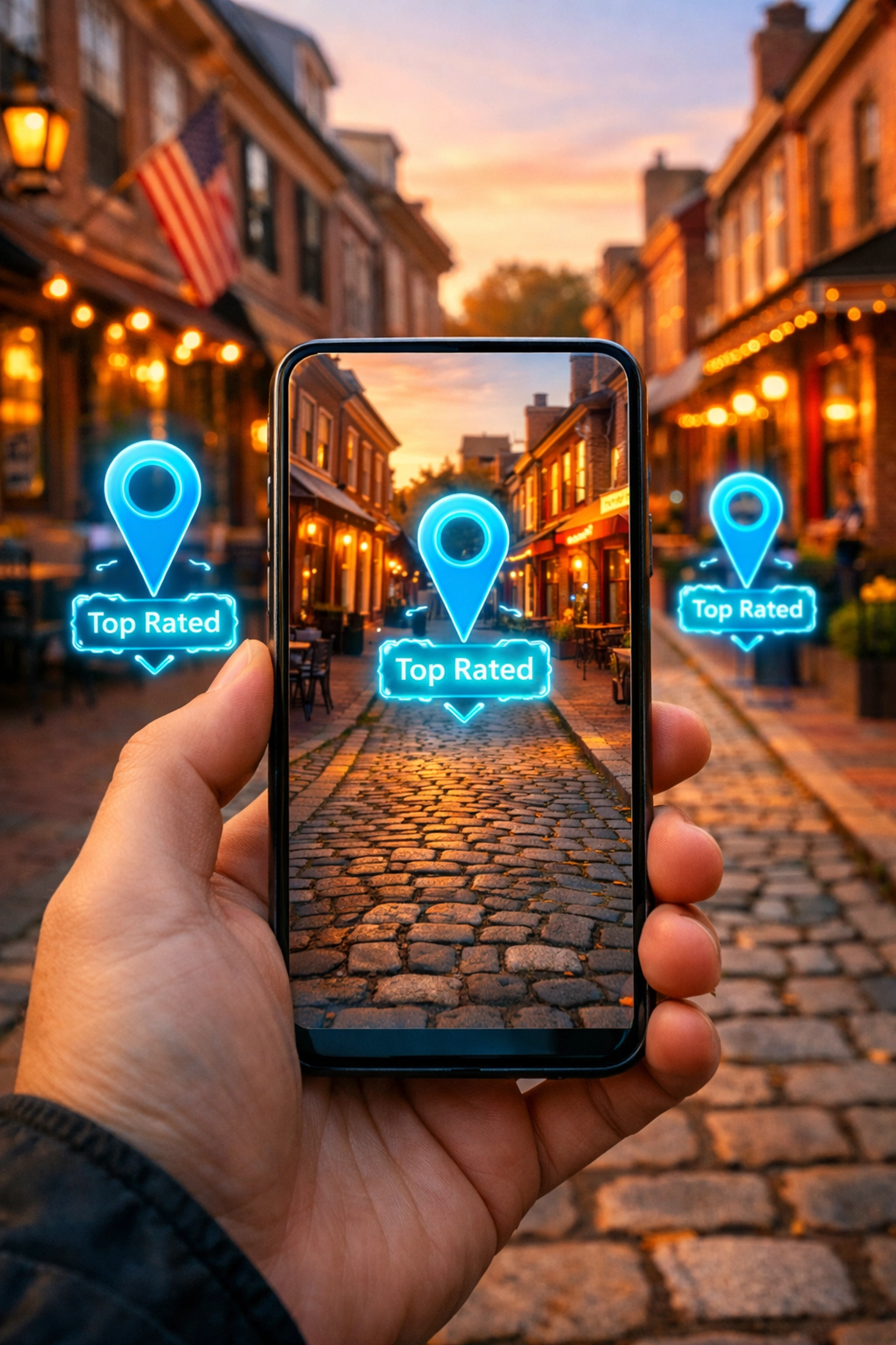AR map pins over Philadelphia storefronts representing local search visibility in the map pack.