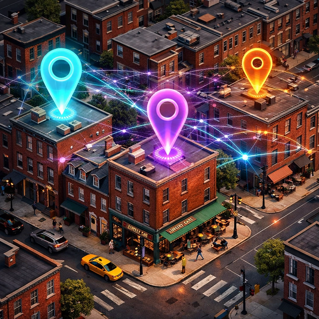 Holographic location pins over Philadelphia rowhouses showing local SEO and digital visibility for businesses.