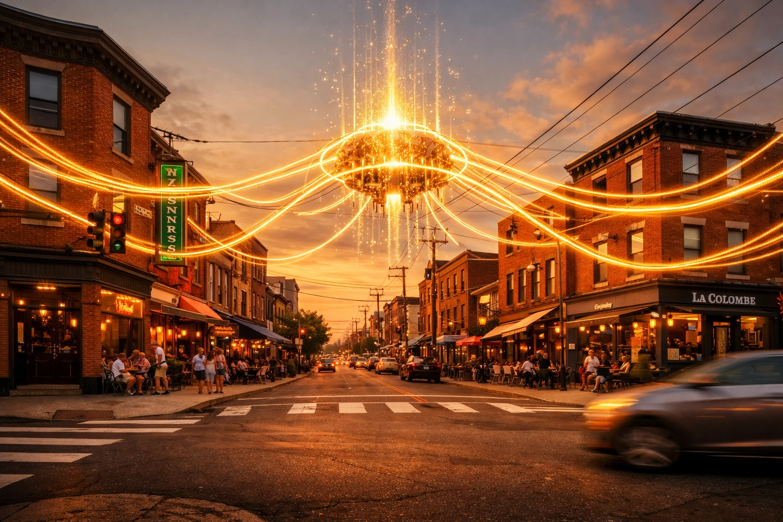 Visualizing automated data flow and website integrations between business systems in a Philadelphia neighborhood.