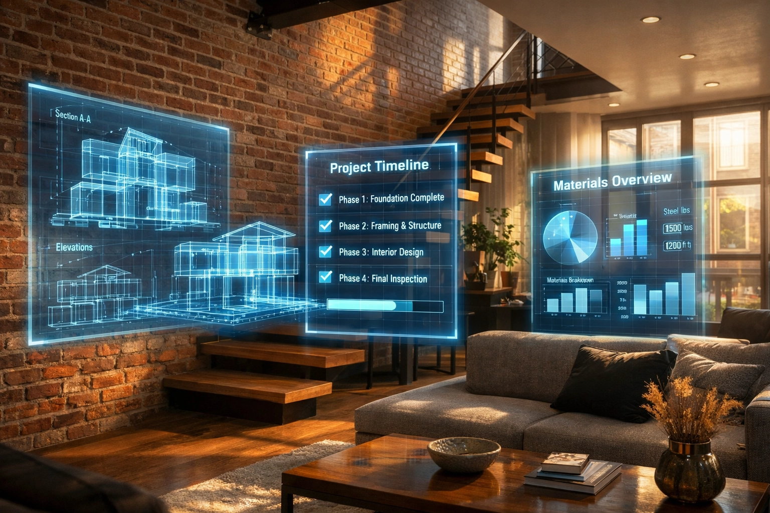 Personalized website data interface showing project milestones in a modern Philadelphia home interior.