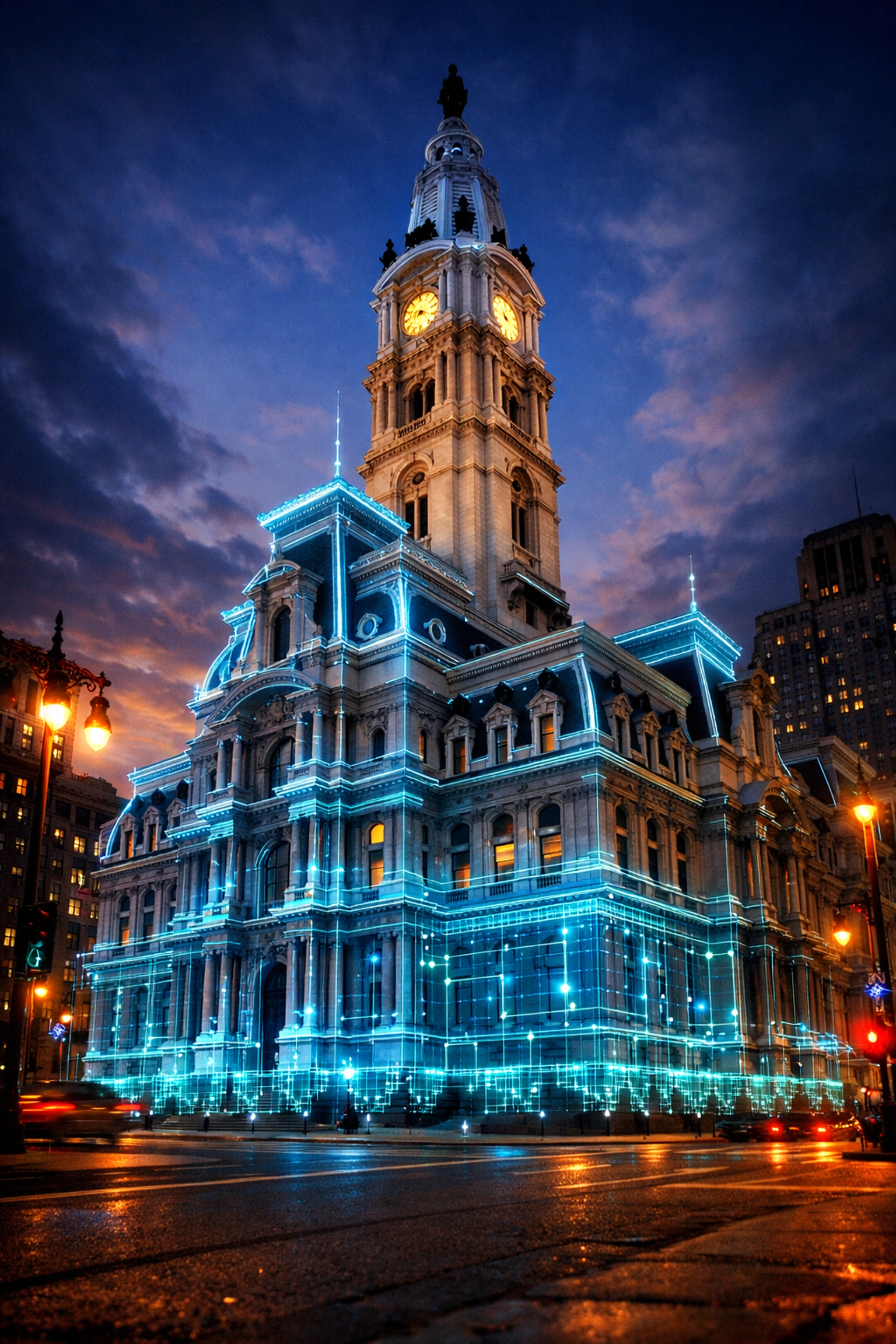Digital blueprint over Philadelphia City Hall symbolizing a high-tech foundation for local AI-powered web design.
