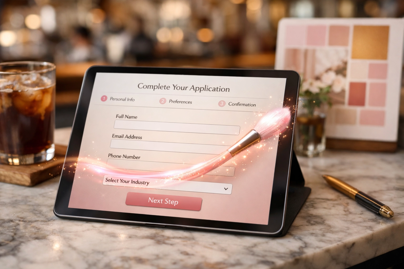 Branded AI intake form on a tablet showing custom web design and consistent business branding.