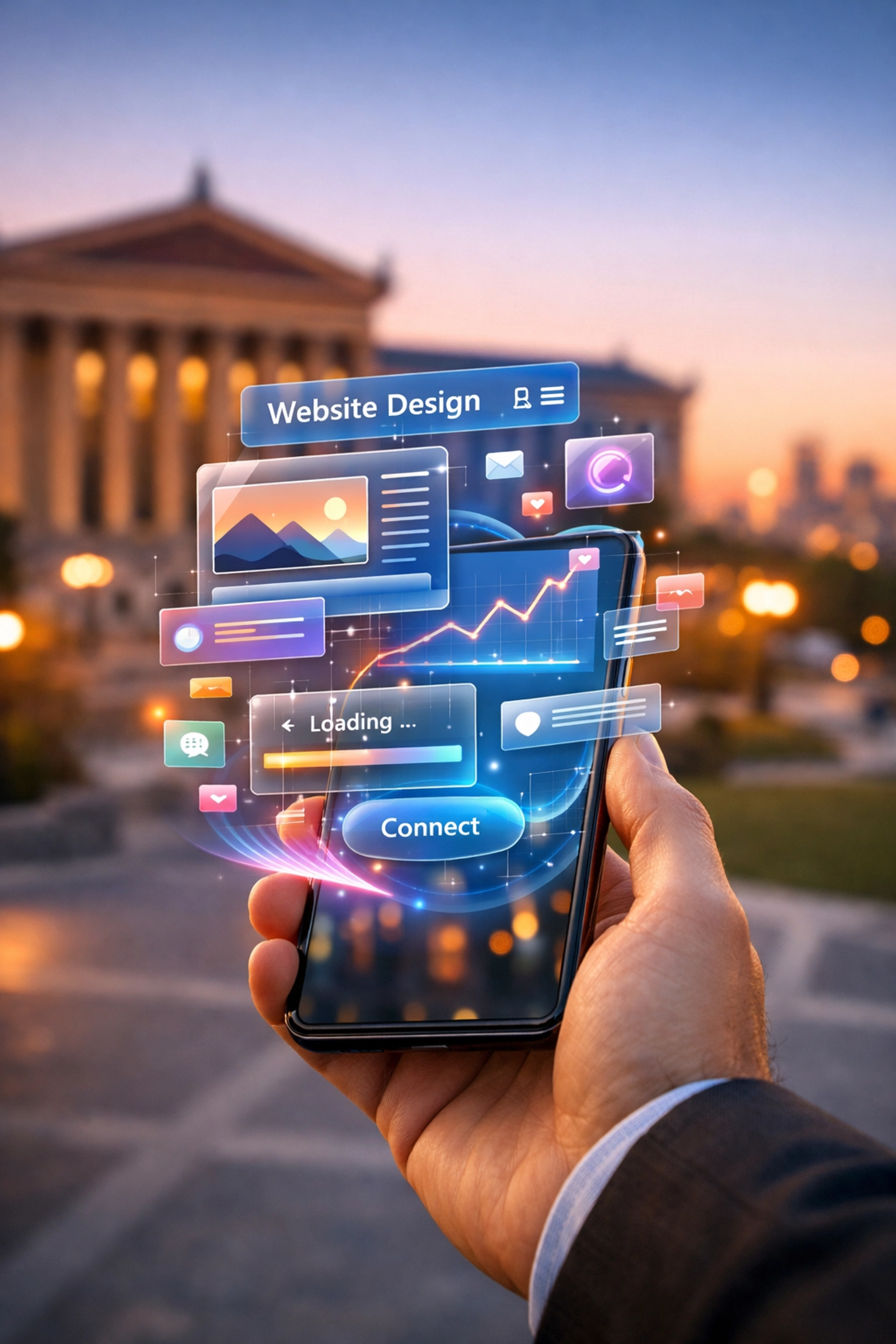Mobile-first AI web design interface shown on a smartphone at the Philadelphia Museum of Art.