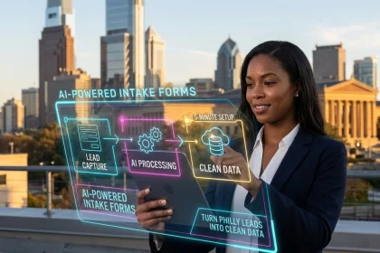 Businesswoman using AI-powered data processing interface outdoors