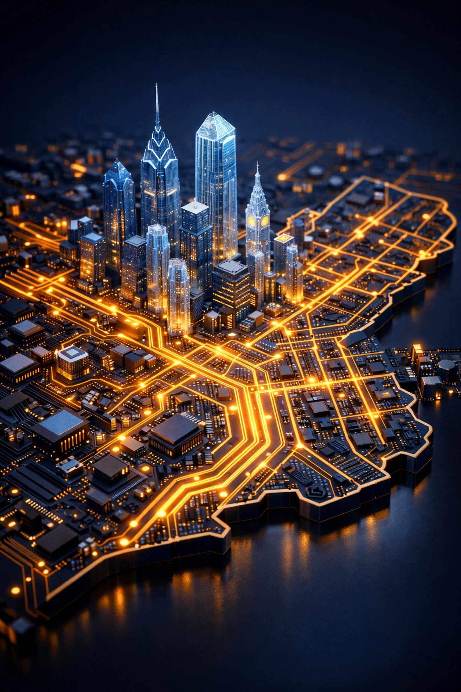 Glowing circuit board map of Philadelphia representing AI automation and technical SEO infrastructure.