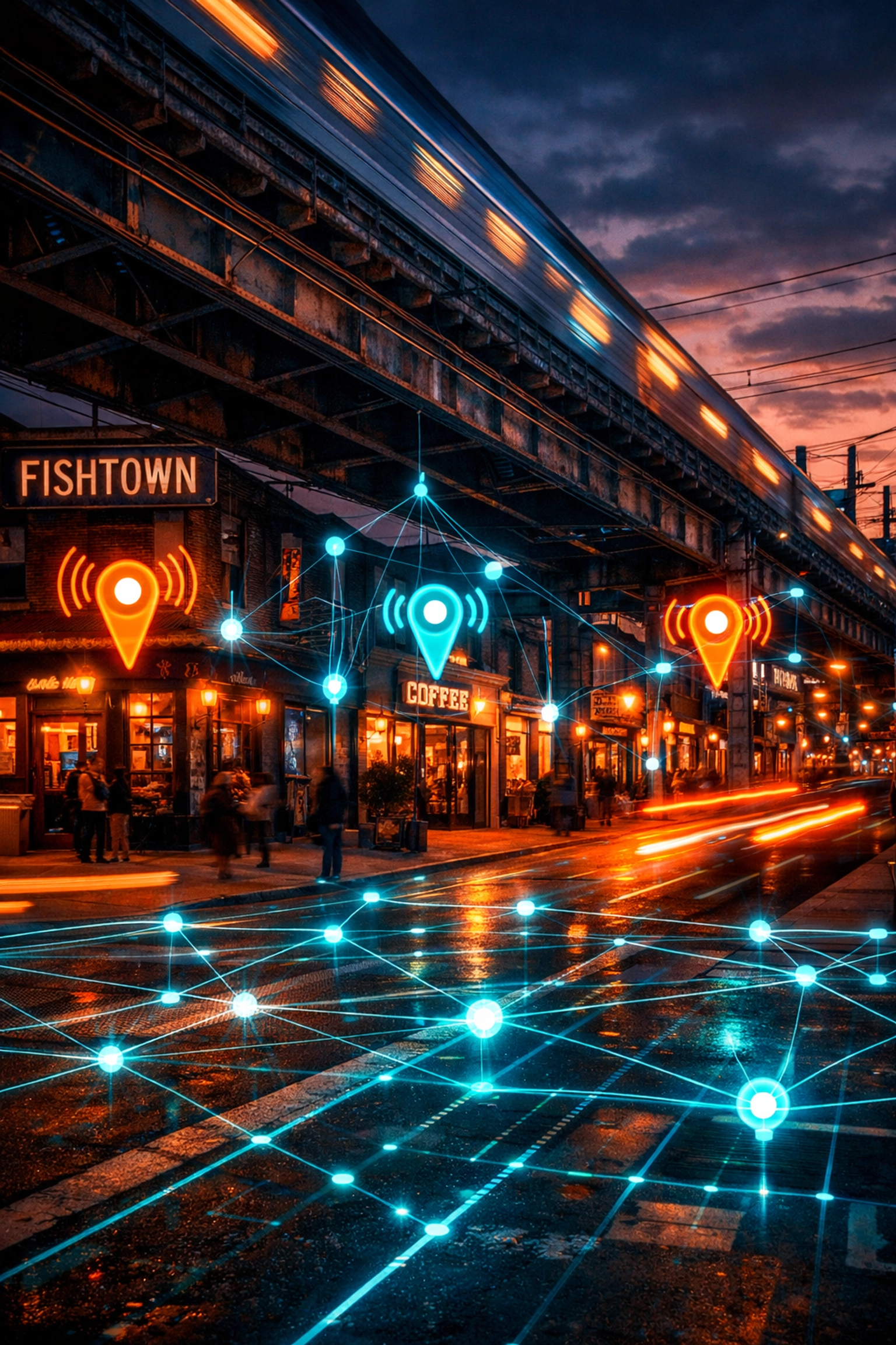 Digital data overlay on a Philadelphia street symbolizing local SEO and AI search visibility for storefronts.