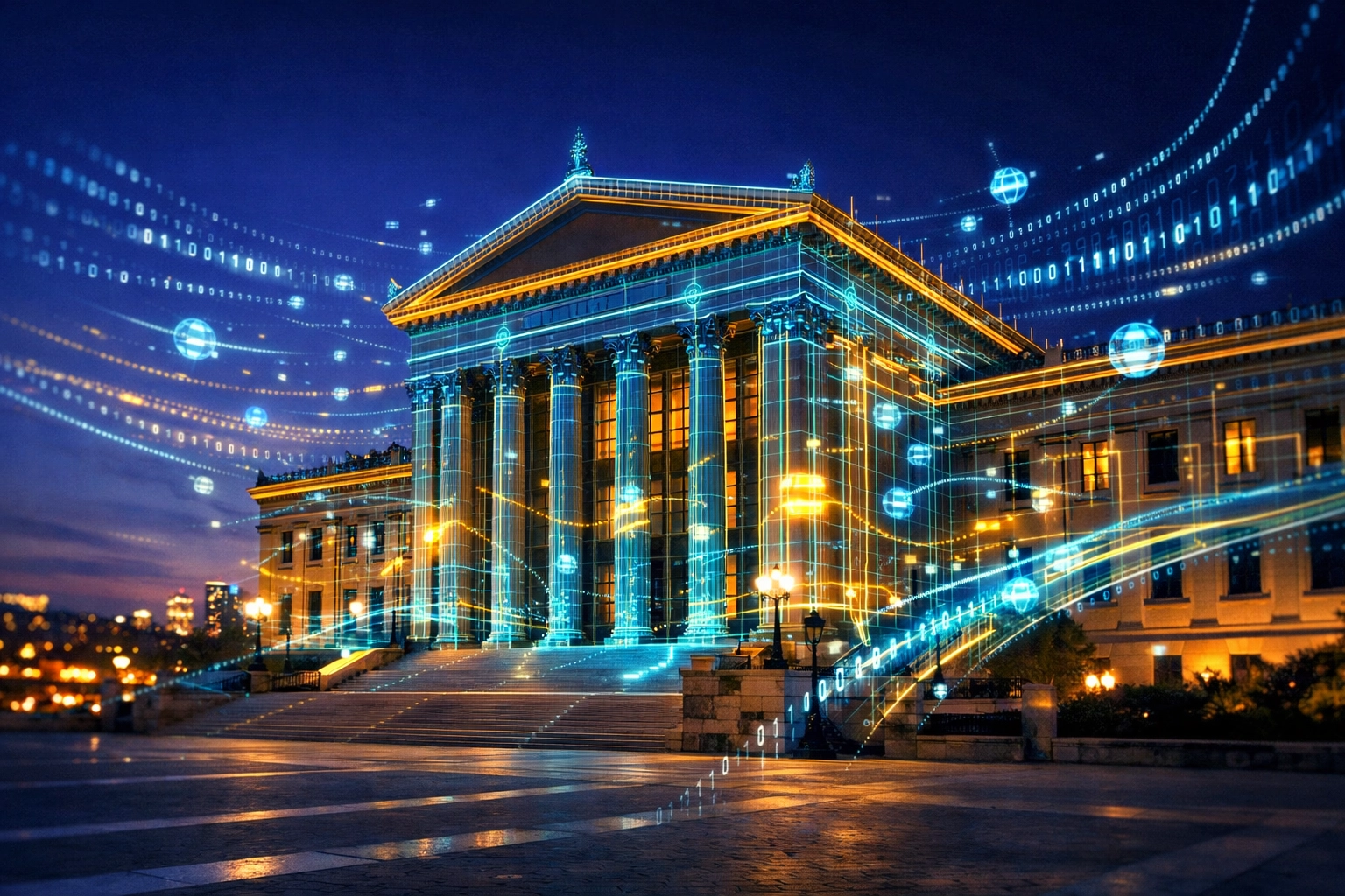 AI-powered technical SEO optimization for businesses in Philadelphia shown over the Museum of Art.