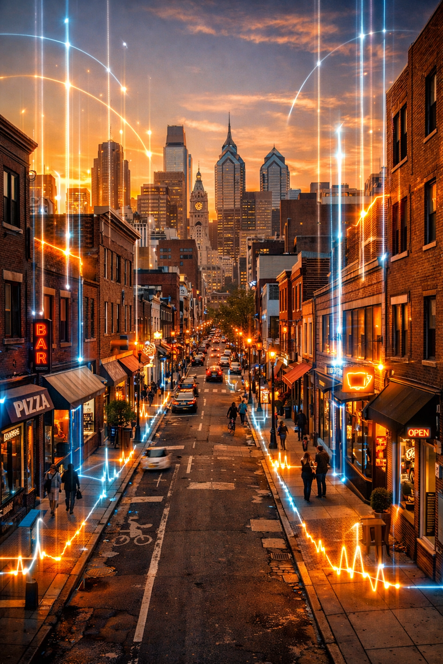 Philadelphia street view with digital overlays representing local SEO and Google Business optimization.