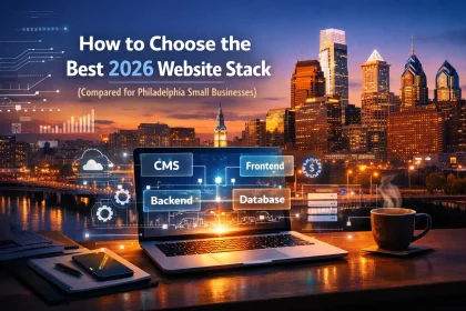 Laptop showing website stack before Philadelphia skyline
