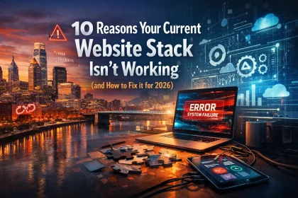 Website stack failure concept with laptop and cityscape