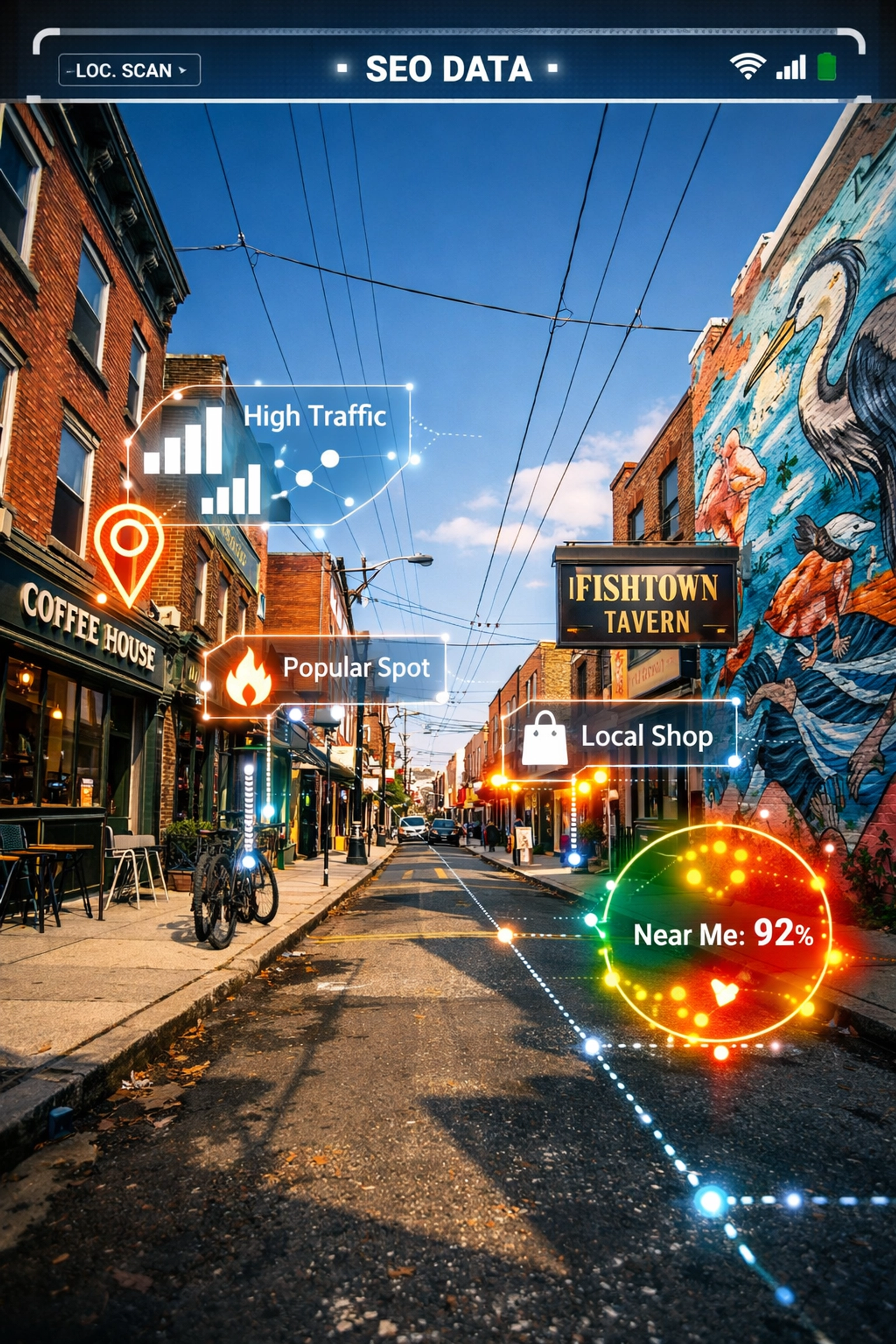 Digital data overlays on a Philadelphia street showcasing hyper-local SEO services in the Fishtown area.
