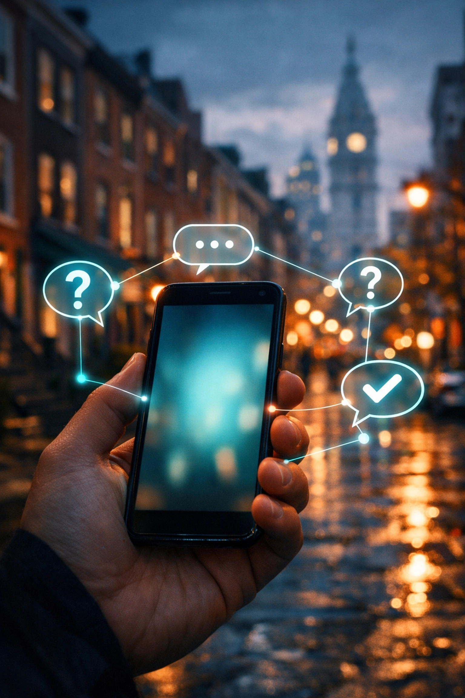 Philadelphia smartphone search with AI answers, showing how local SEO and AEO guide customer queries