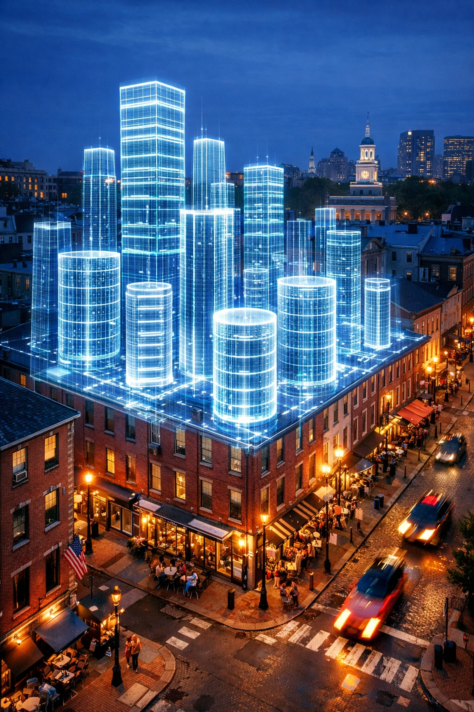 Digital architectural blueprint over Philadelphia street showing website content silos.