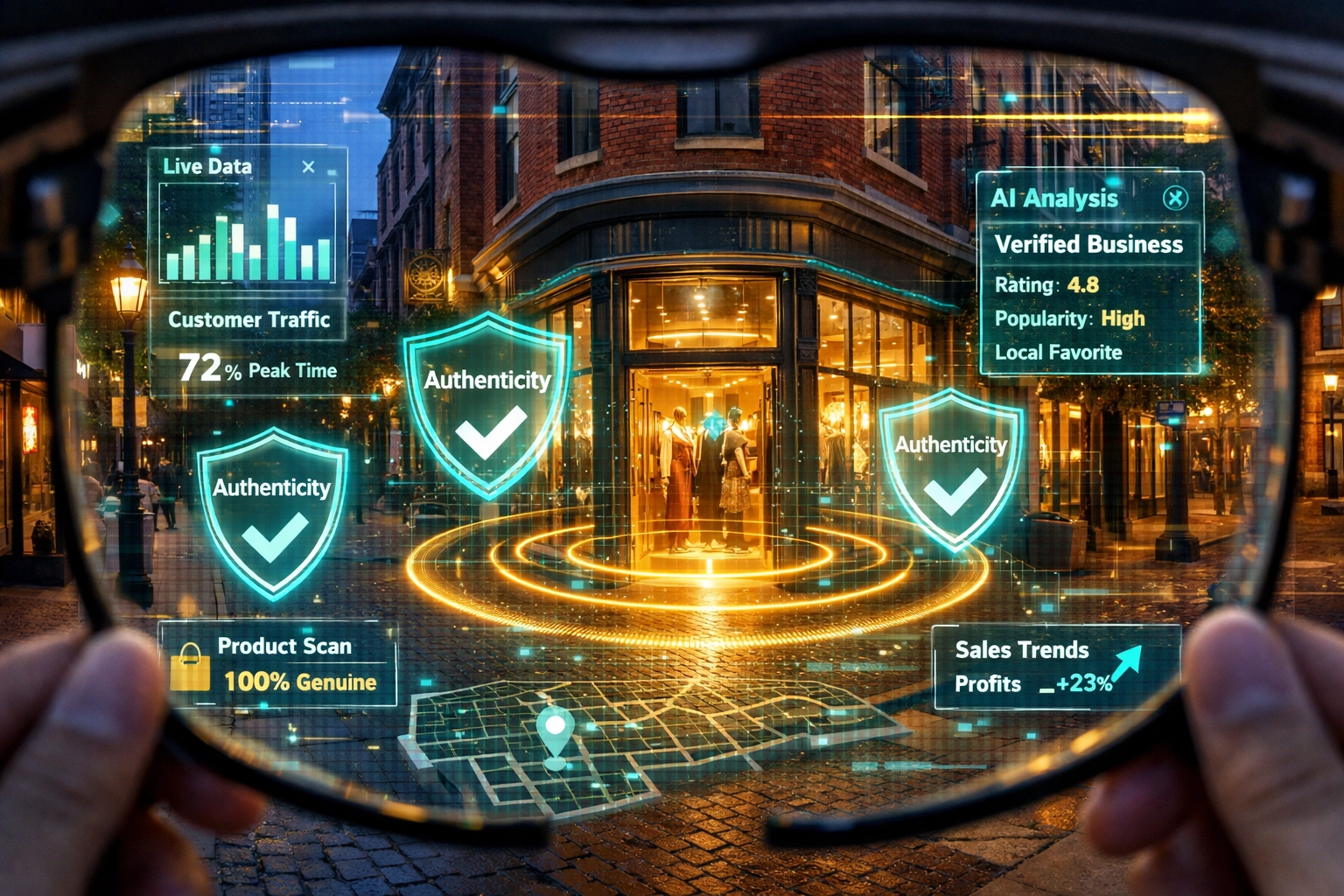 Augmented reality view of AI local SEO data verifying a business in Rittenhouse Square Philadelphia.