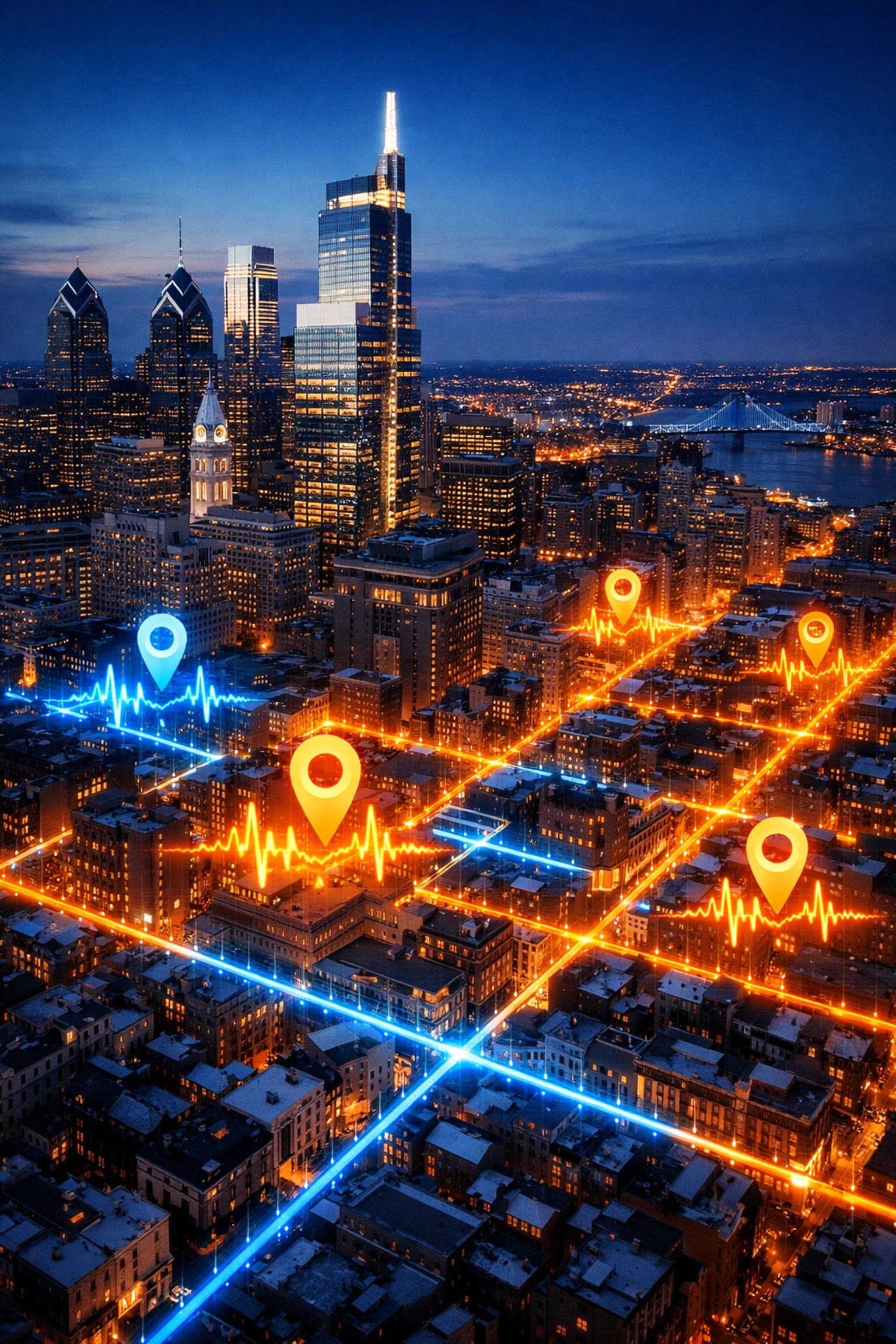 Philadelphia skyline at night with digital data overlays showing local SEO traffic and AI content marketing trends.