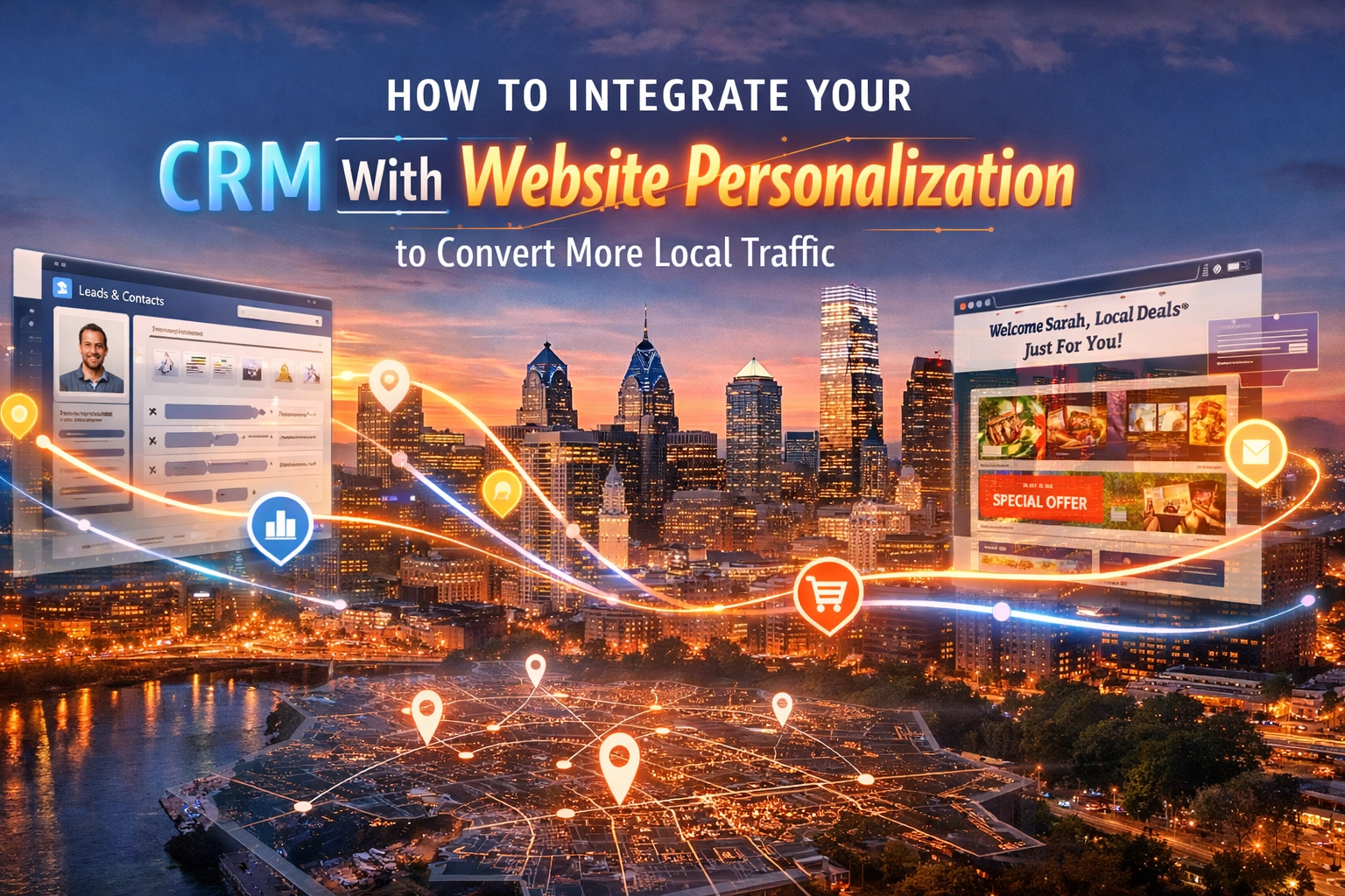 CRM and website personalization integration concept cityscape