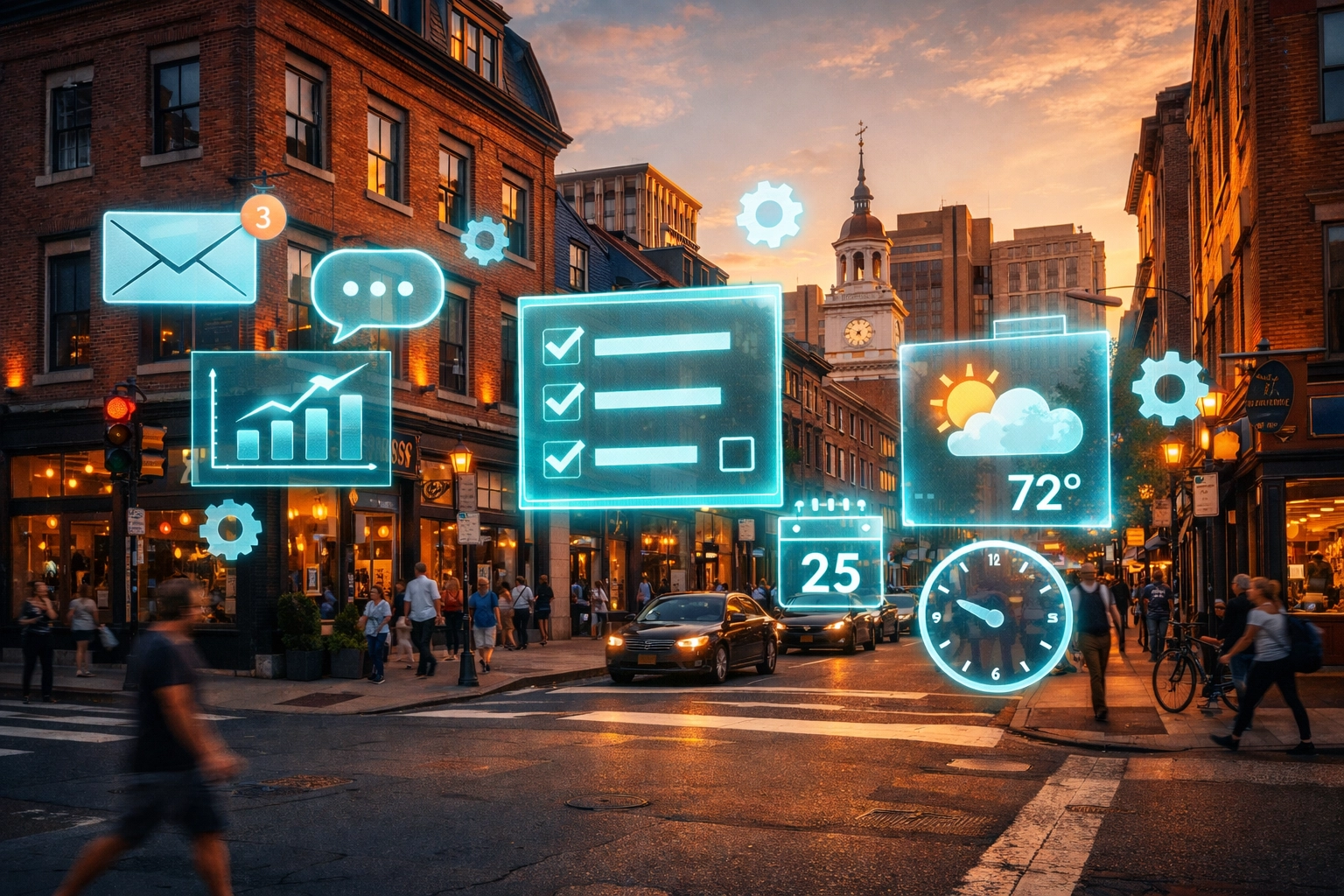 Digital gears over an Old City Philadelphia street representing common AI plugins for local SEO.