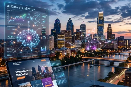 AI data visualization over Philadelphia city skyline