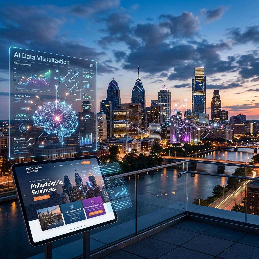 AI data visualization over Philadelphia city skyline