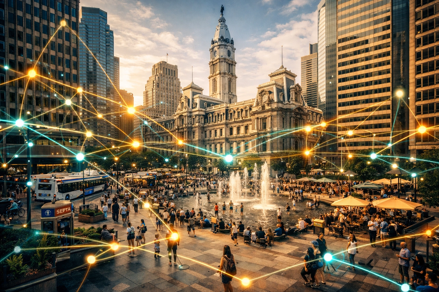 Philadelphia City Hall and Dilworth Park showing connected AI ecosystem for local businesses
