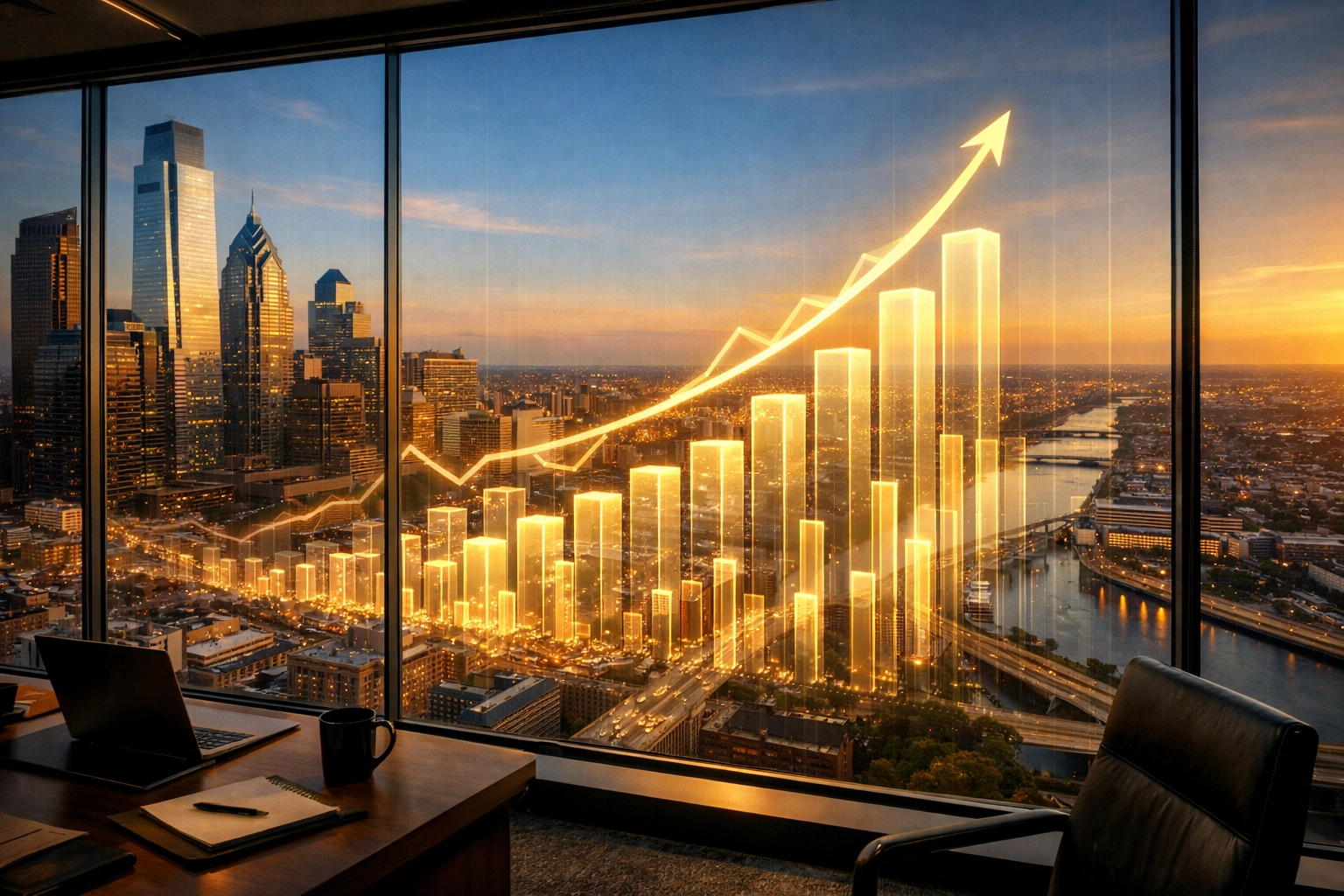 Professional office view in Philadelphia showing holographic charts for tracking SEO revenue and business growth.