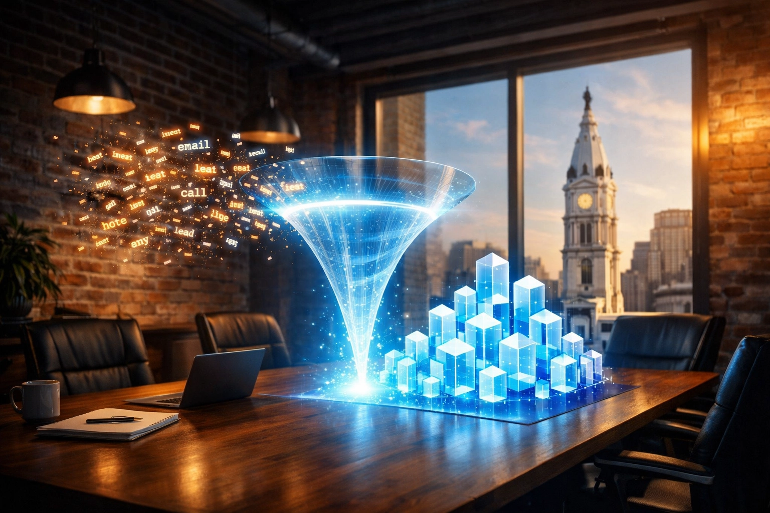 AI technology organizing messy lead information into structured data in a Philadelphia office.
