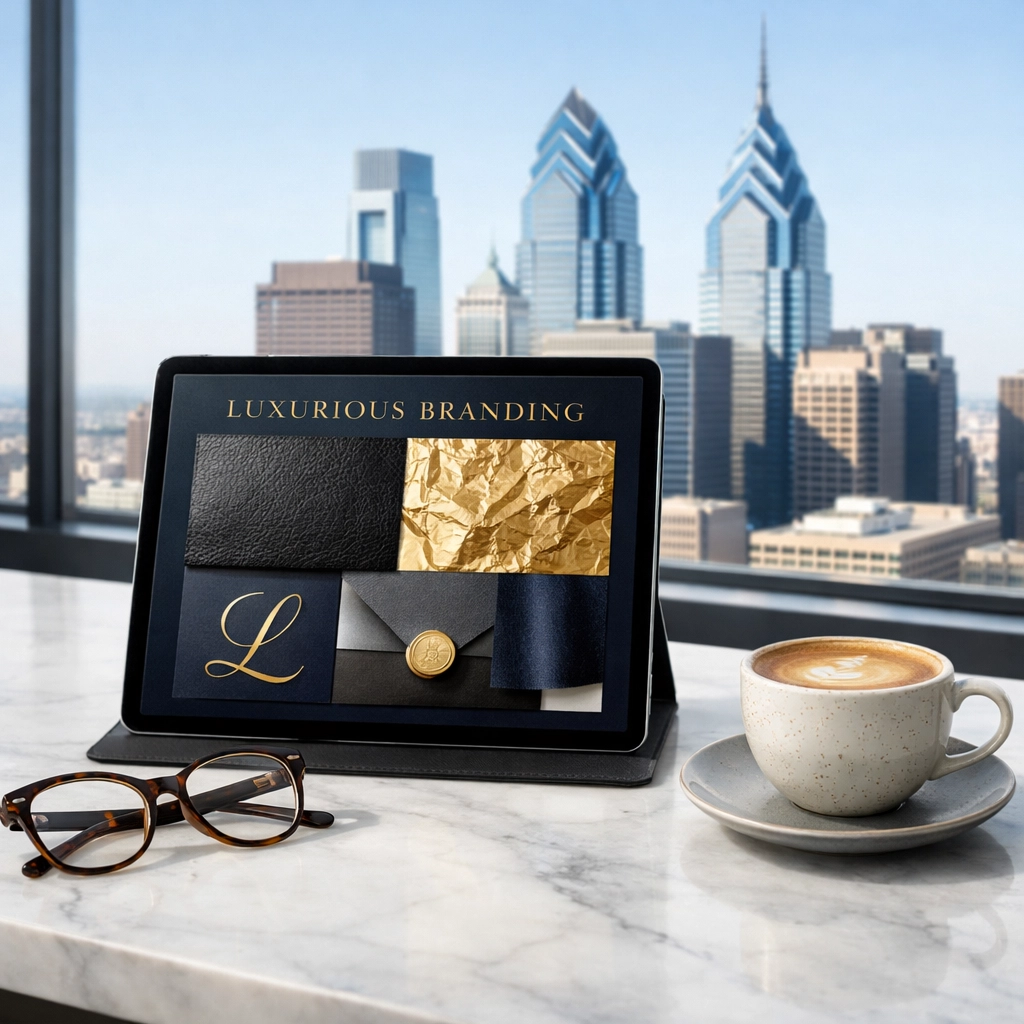 Premium branding on a tablet overlooking the Philadelphia skyline to show professional business identity.
