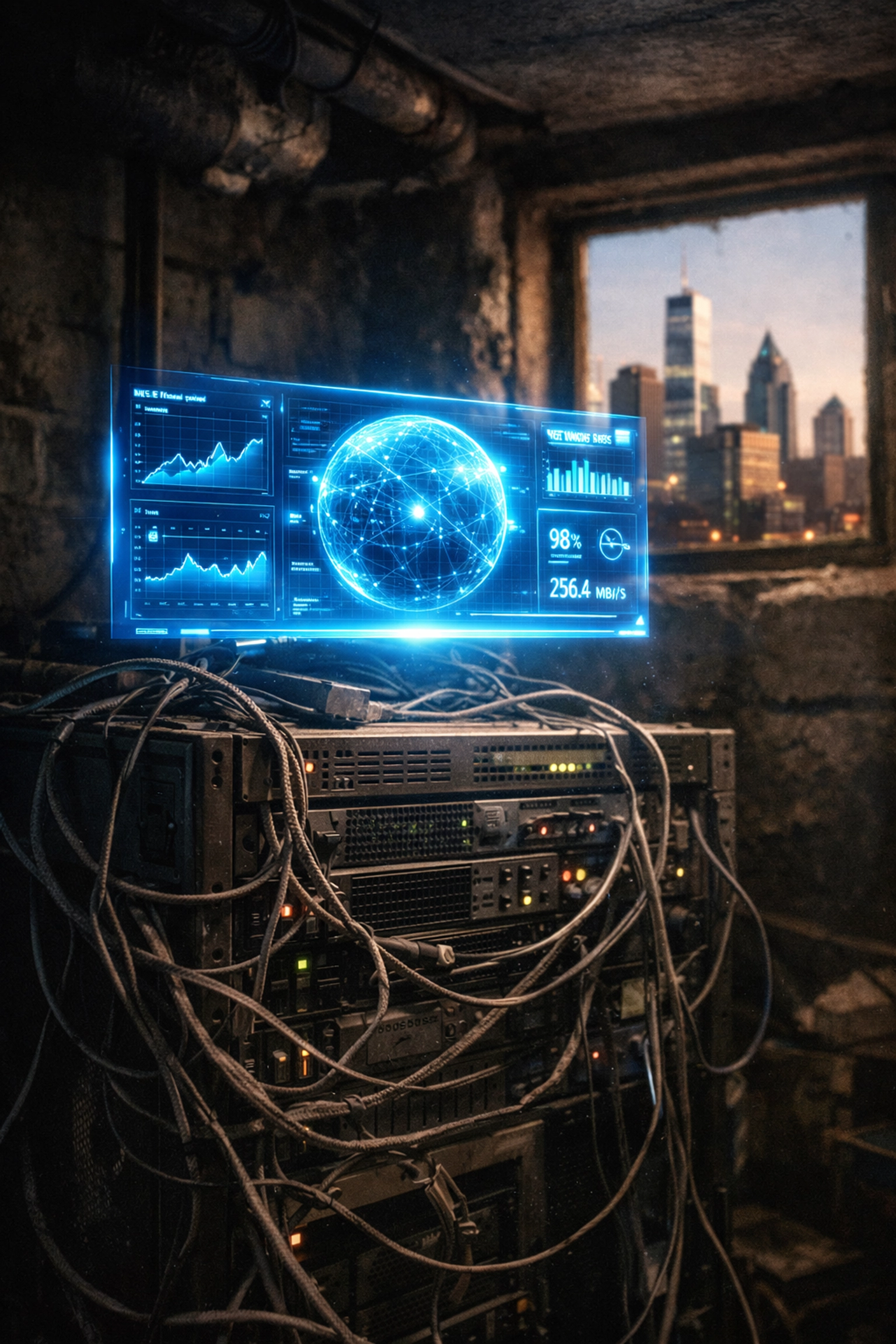 Modern AI data dashboard overlaying an old server with the Philadelphia skyline in the background.