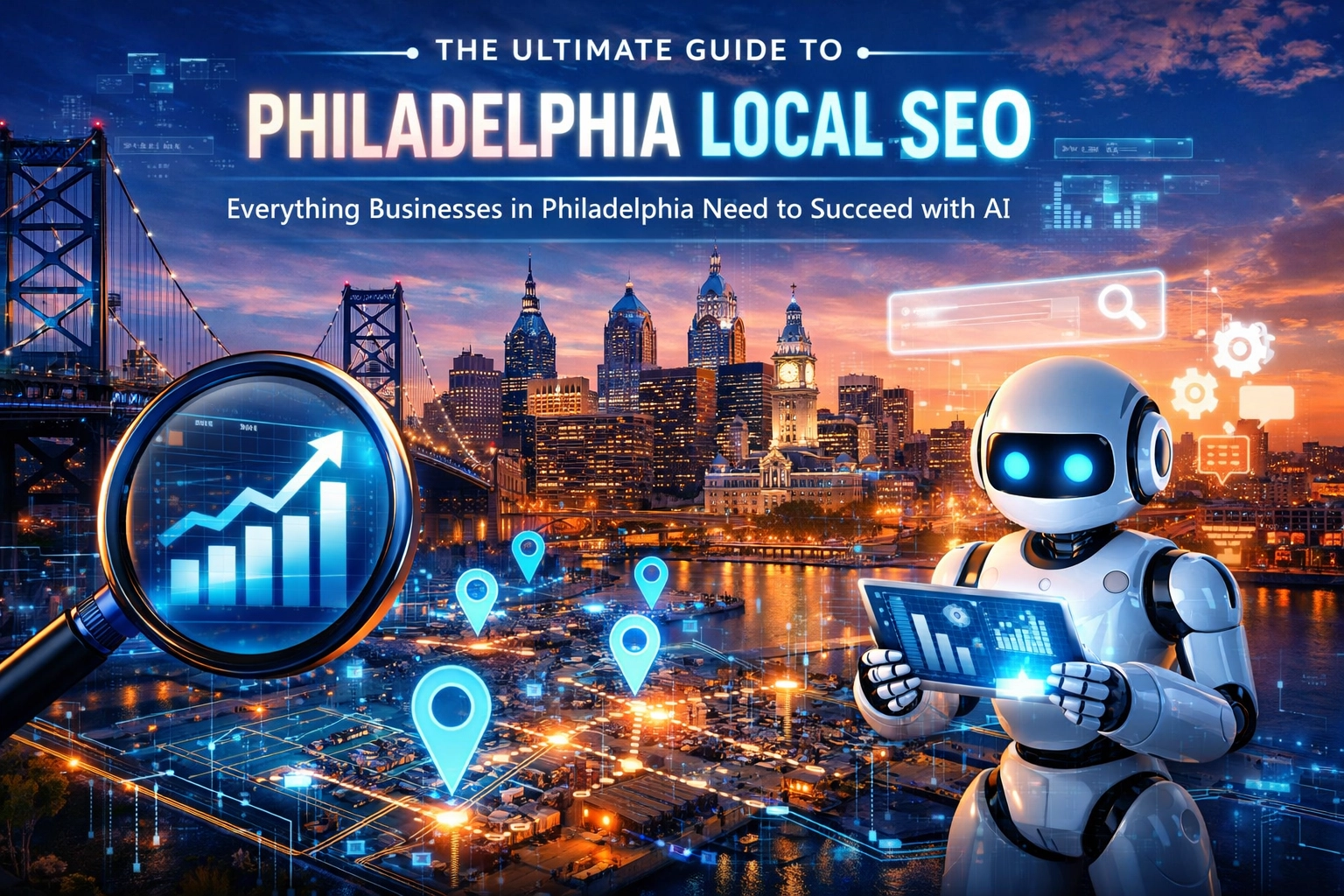 AI robot analyzing Philadelphia local SEO growth