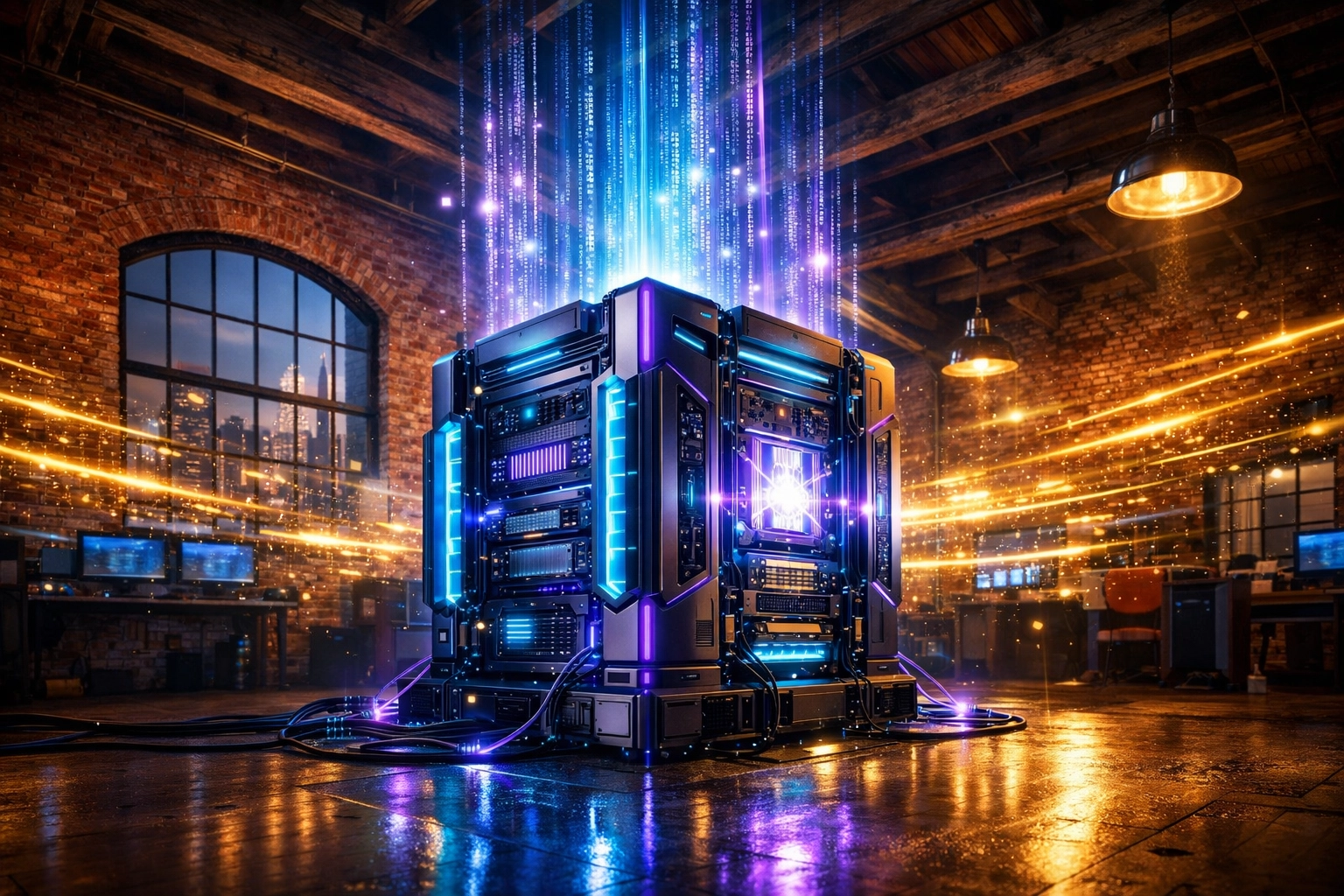 High-speed AI hosting server in a Philadelphia loft representing lightning-fast web performance.