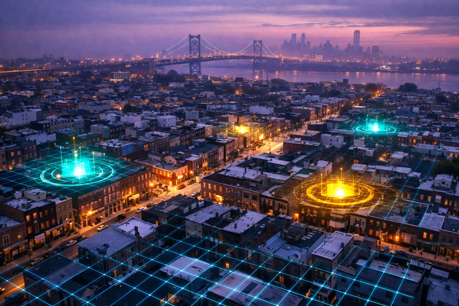Digital heat map overlaying Philadelphia neighborhoods representing hyper-local SEO authority for businesses.