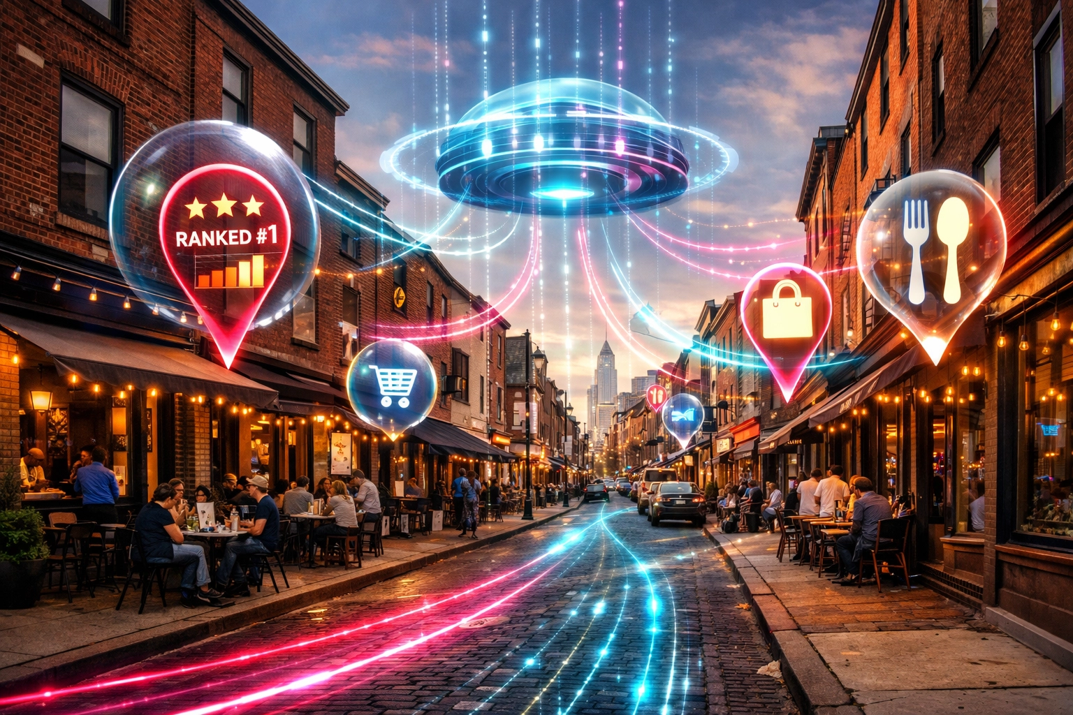 Philadelphia businesses using real-time AI data overlays and digital location pins to improve local search rankings.