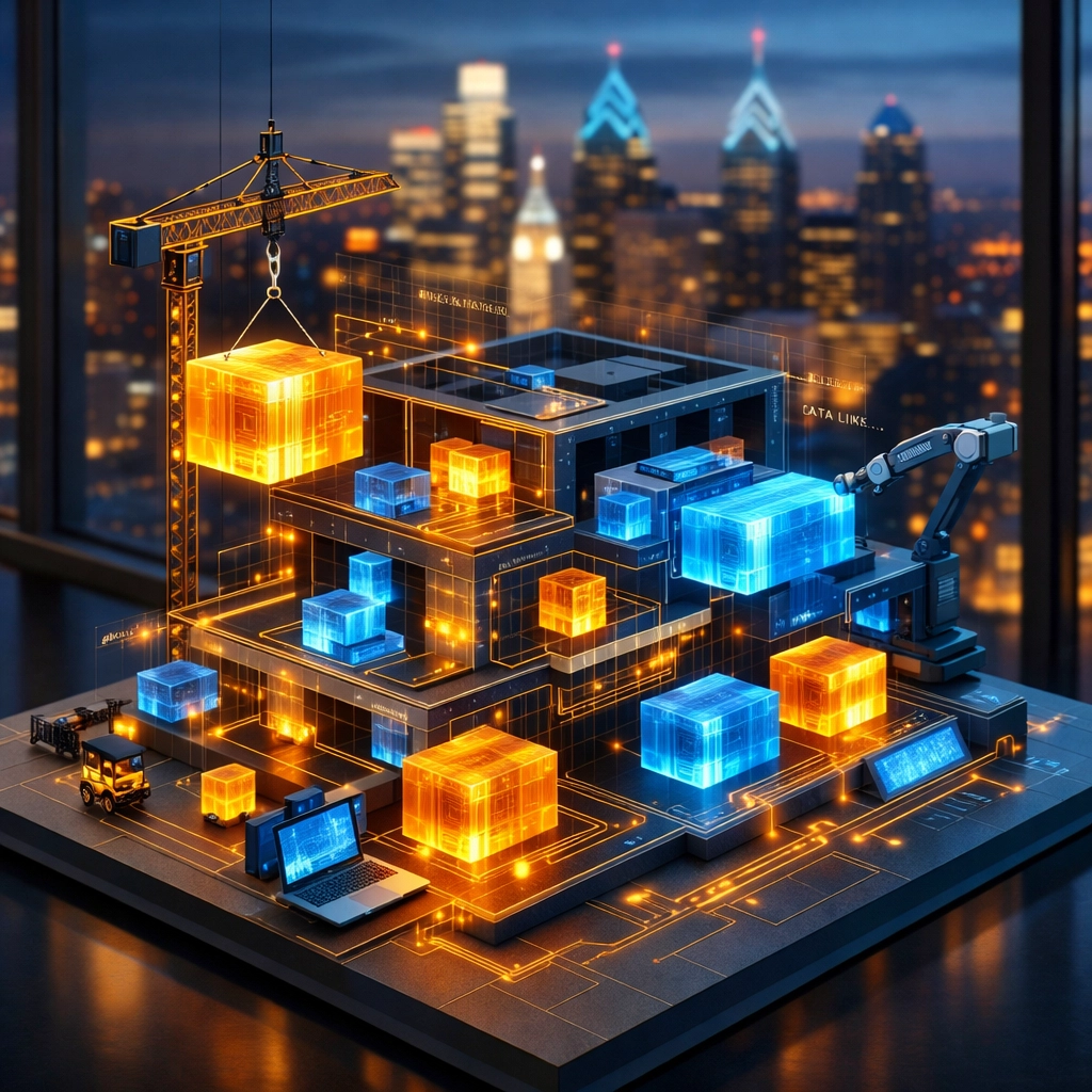 Modular website architecture blocks being integrated into a digital framework with a Philadelphia city background.
