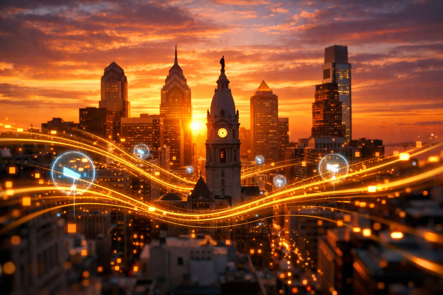 Data streams over the Philadelphia skyline representing advanced AI automation systems.