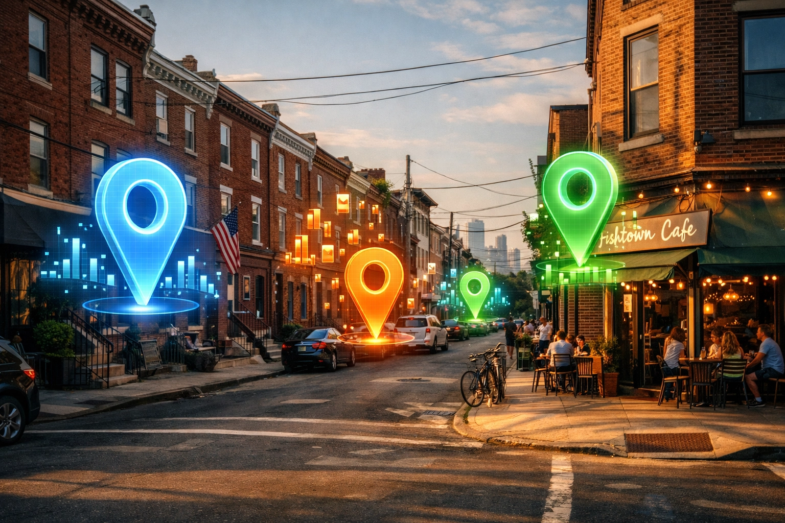 Digital data clusters over a Philadelphia neighborhood representing local SEO services and market authority.