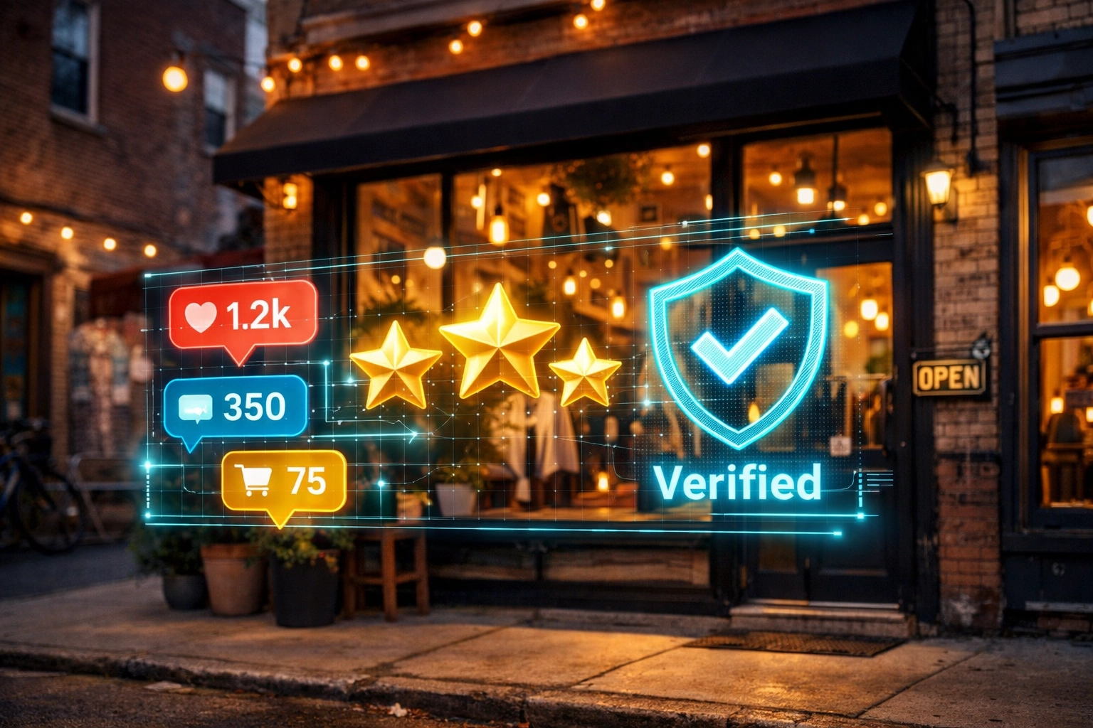 Digital overlay of reviews on a Philadelphia storefront illustrating AI local SEO reputation management.
