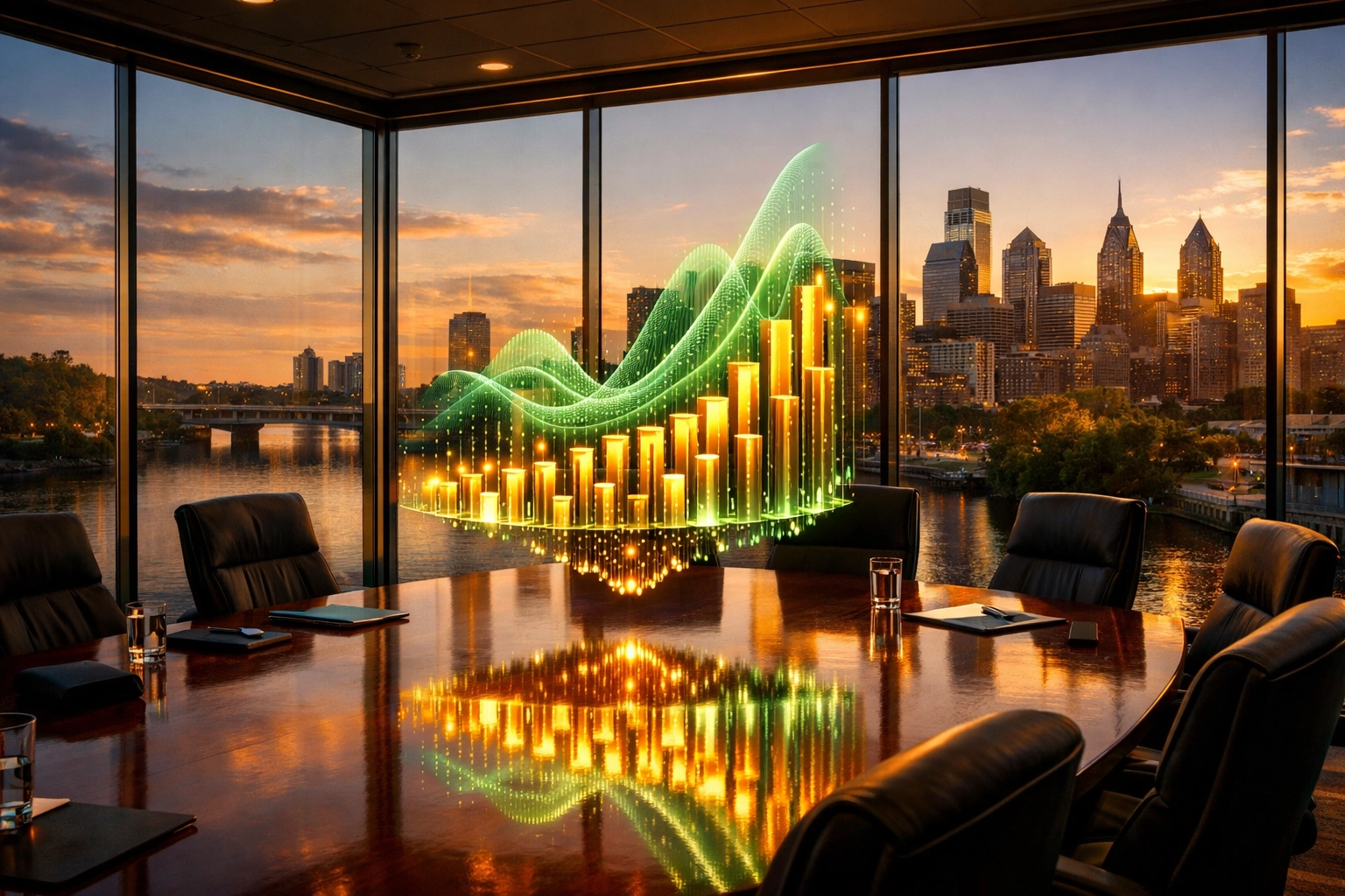 Data-driven Philadelphia local SEO results and ROI analytics shown in a modern boardroom.