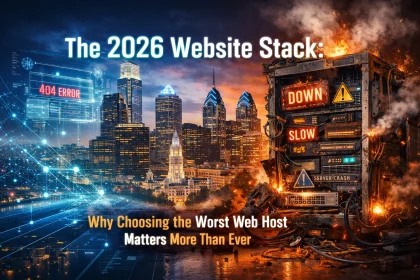 Website server crash in futuristic city skyline