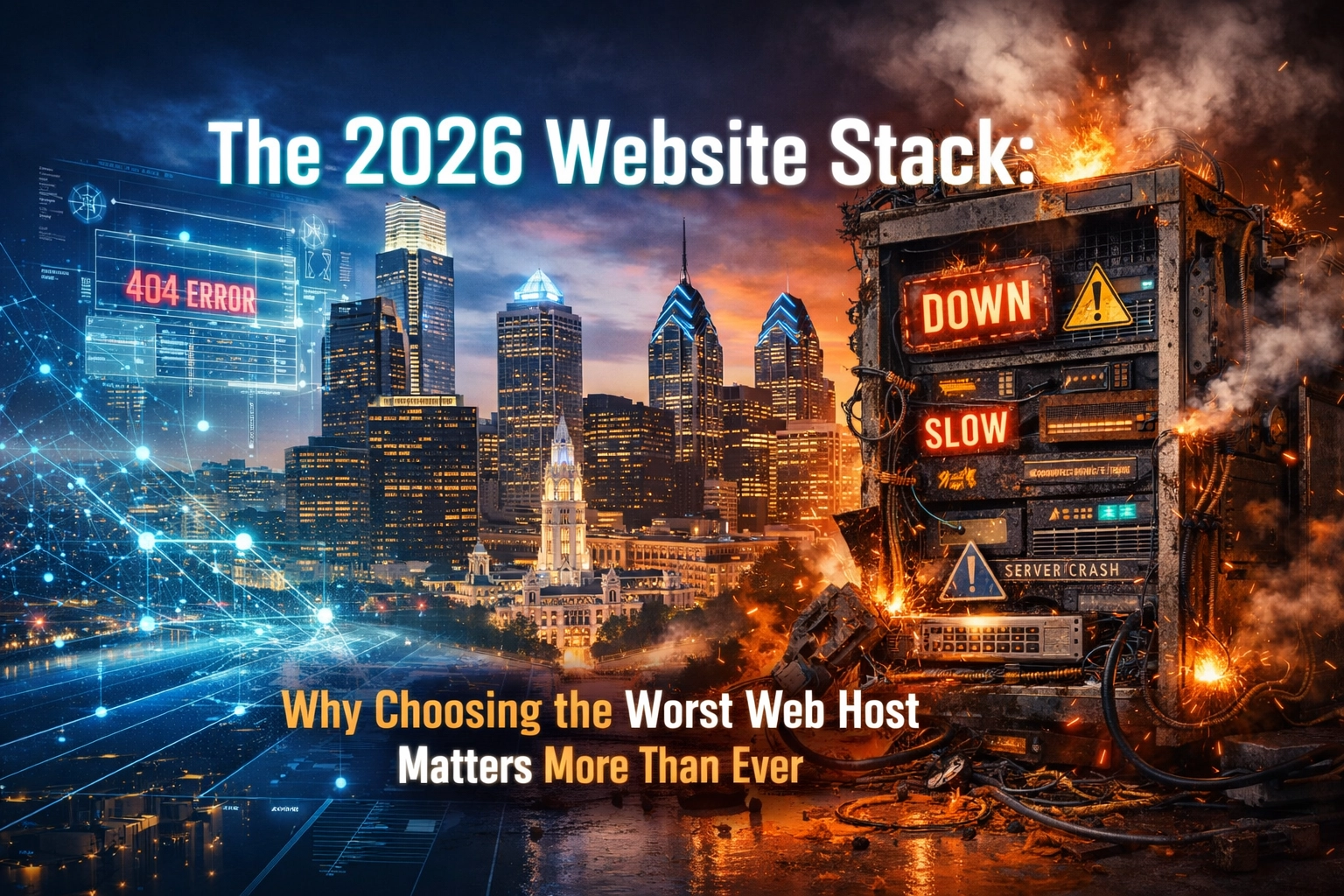 Website server crash in futuristic city skyline