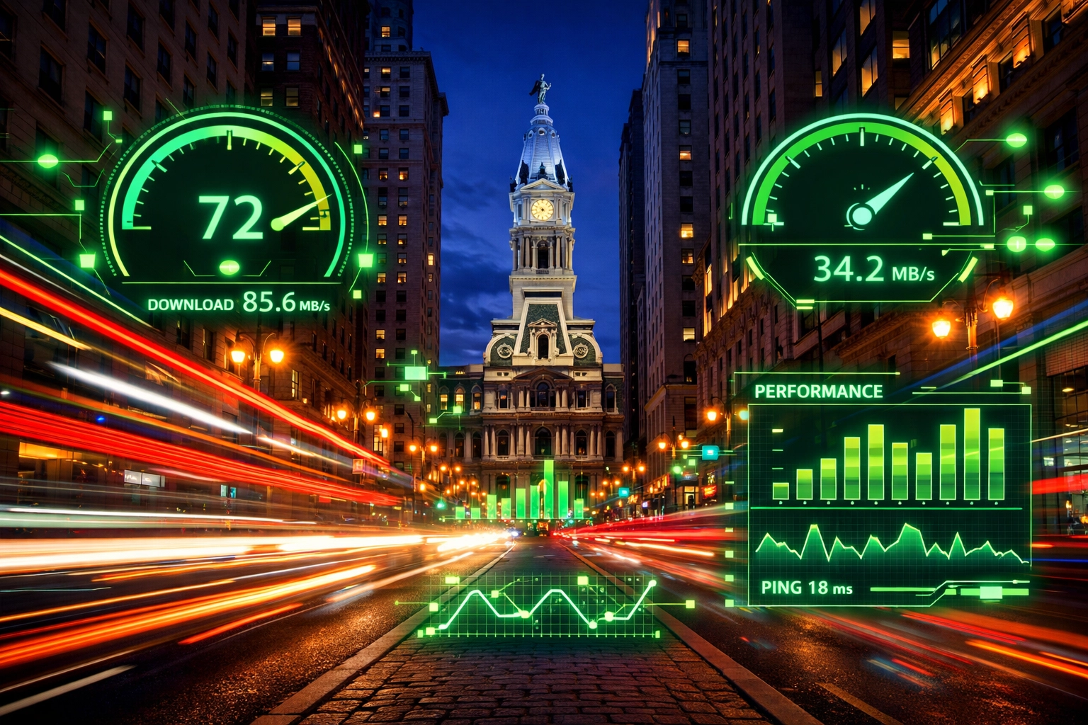 Website performance metrics and speed graphics overlaid on a vibrant street view of City Hall in Philadelphia.