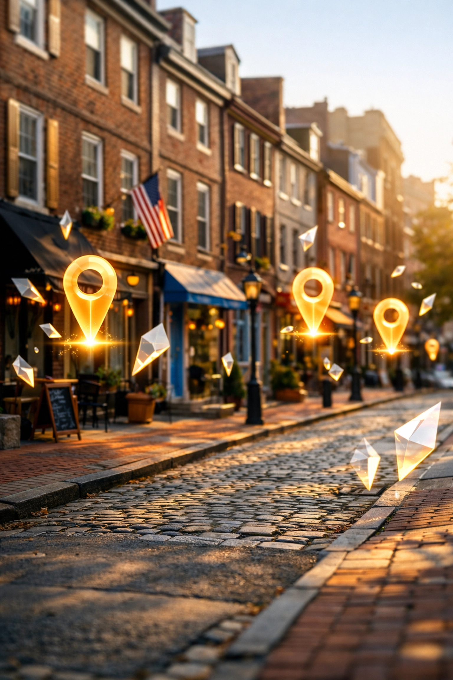 Digital map markers over historic Philadelphia row houses illustrating hyperlocal SEO services for city neighborhoods.