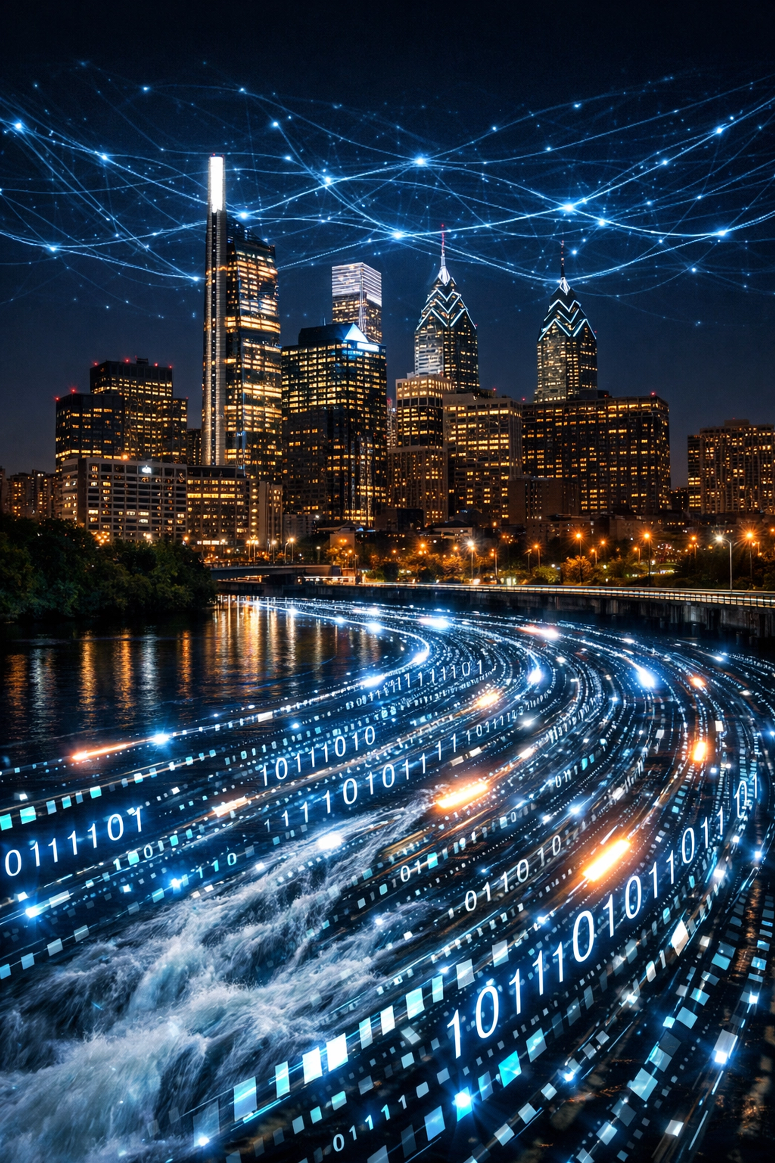 Philadelphia skyline at night with flowing data streams symbolizing high-speed technical SEO and site performance.