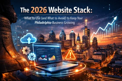 Philadelphia skyline with laptop and growth charts