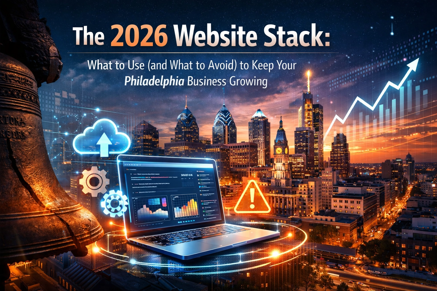 Philadelphia skyline with laptop and growth charts