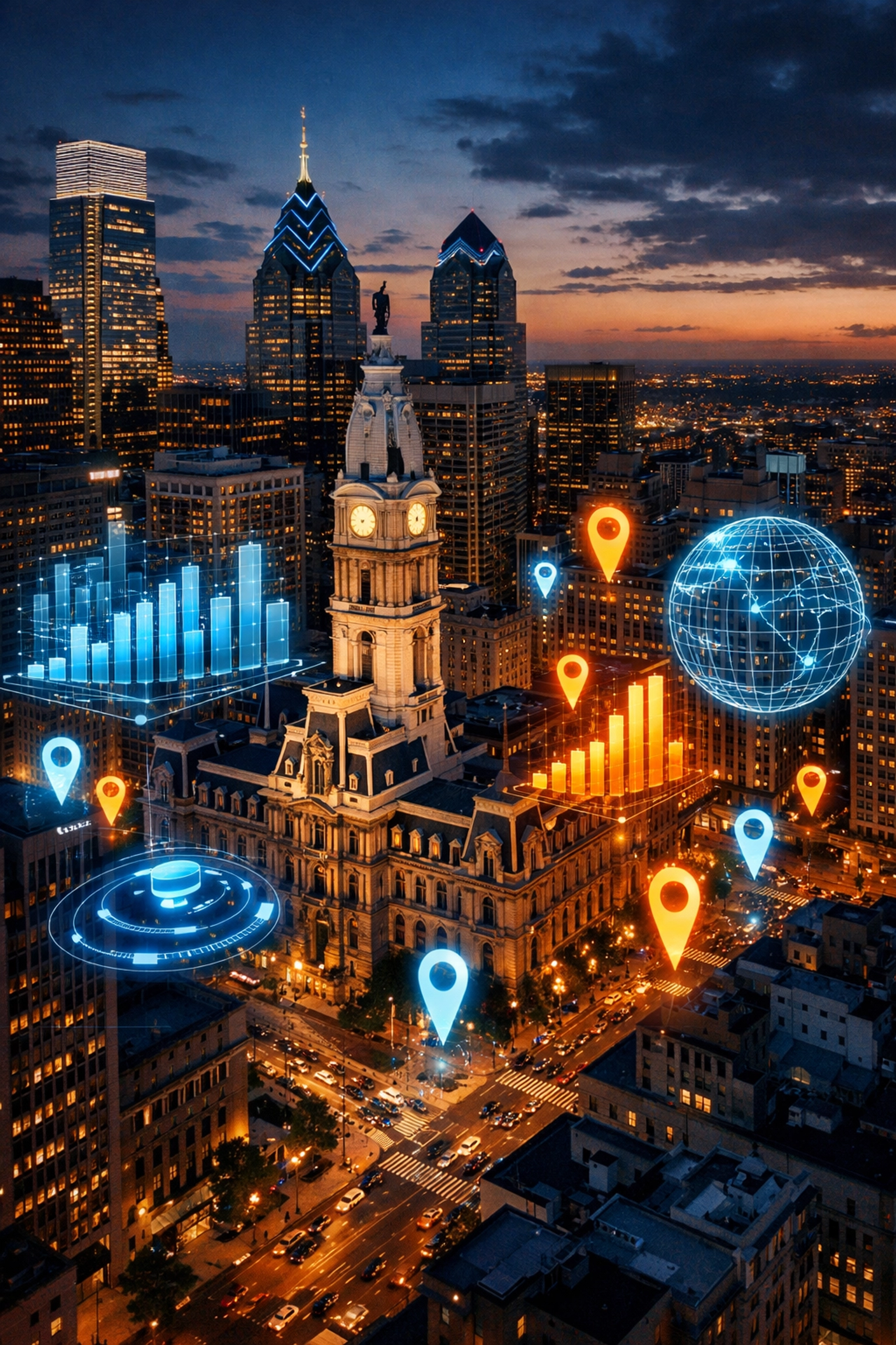Philadelphia local SEO data visualization over City Hall depicting high-intent neighborhood search clusters.