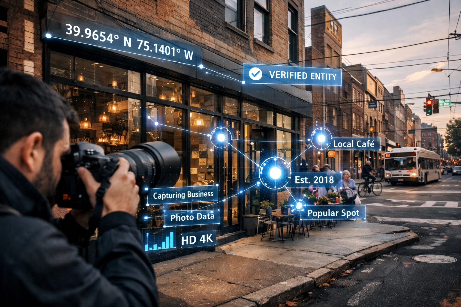 Digital markers and location data over a Philadelphia storefront showing verified business signals for AI search.