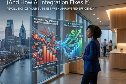 Businesswoman analyzing AI integration profit charts.